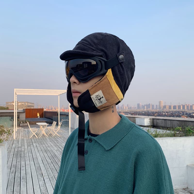 メンズ キャップ ゴーグル付き耳当てフライトニット帽