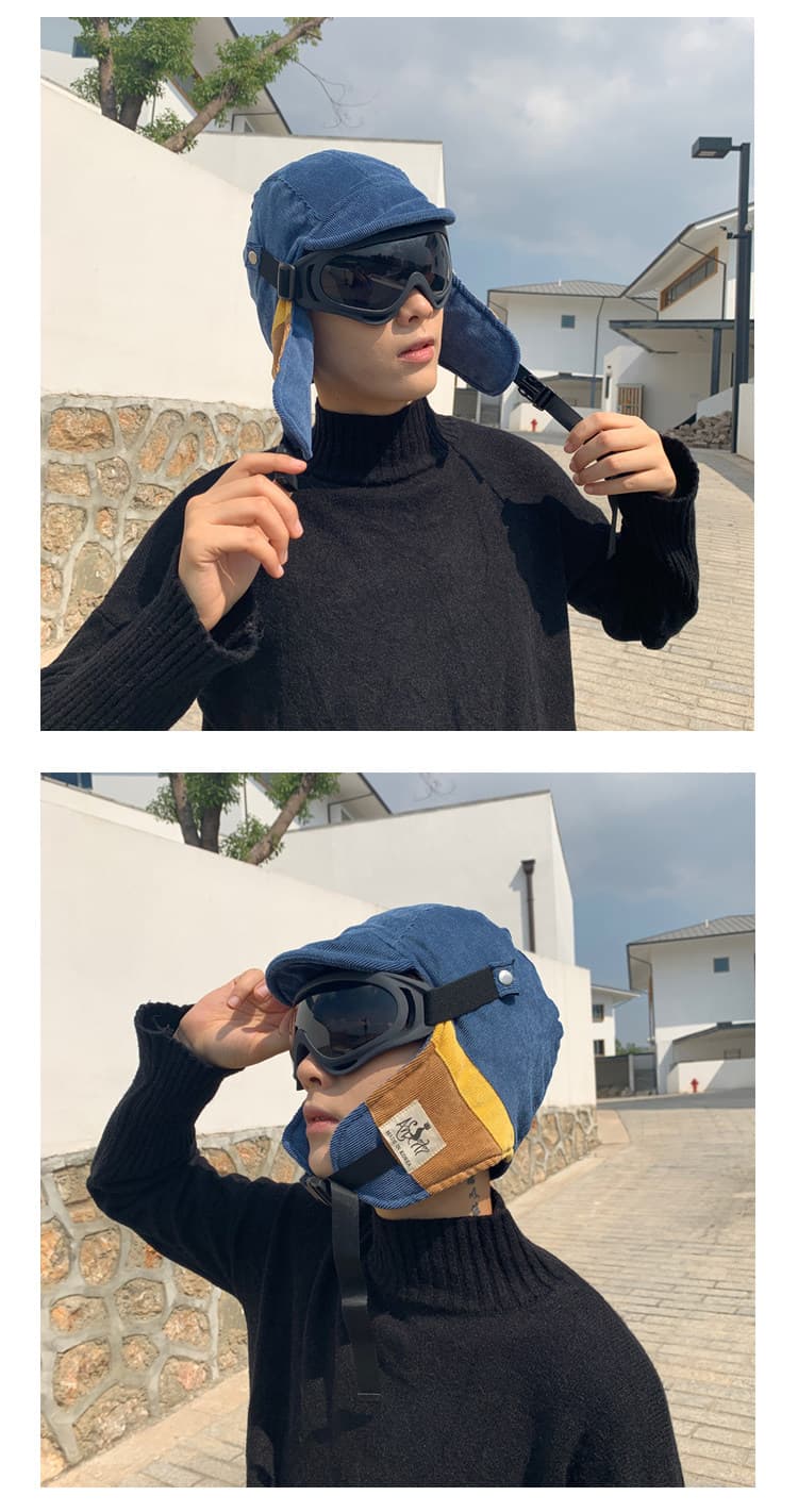 メンズ キャップ ゴーグル付き耳当てフライトニット帽